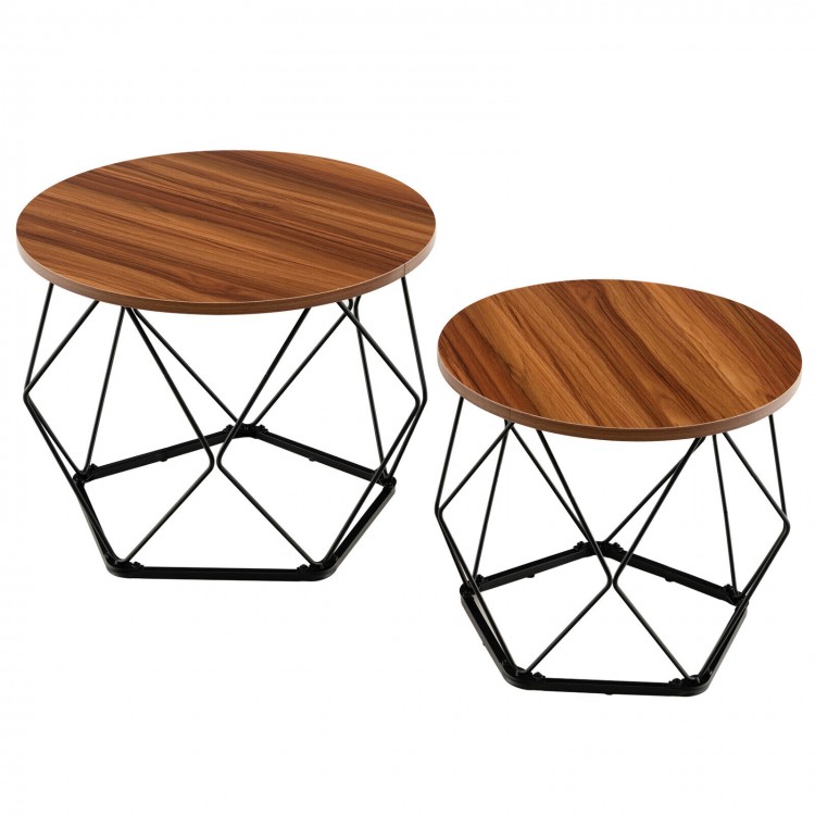 Set of 2 rustic brown round coffee tables with pentagonal steel bases, ideal for versatile use in any living space.